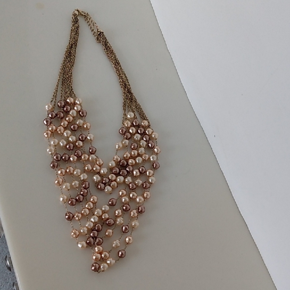 Pearl Chain Multi Strand Necklace Gold Tone Brown Ivory - Picture 4 of 11